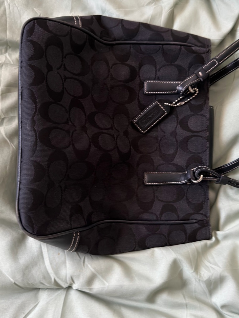 Coach Black Signature Jacquard Tote with Leather Accents